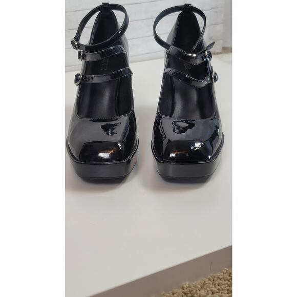 CIDER CHUNKY HEELED TRIPLE STRAP MARY JANES IN PATENT BLACK FAUX LEATHER, SZ 9 - Picture 5 of 16